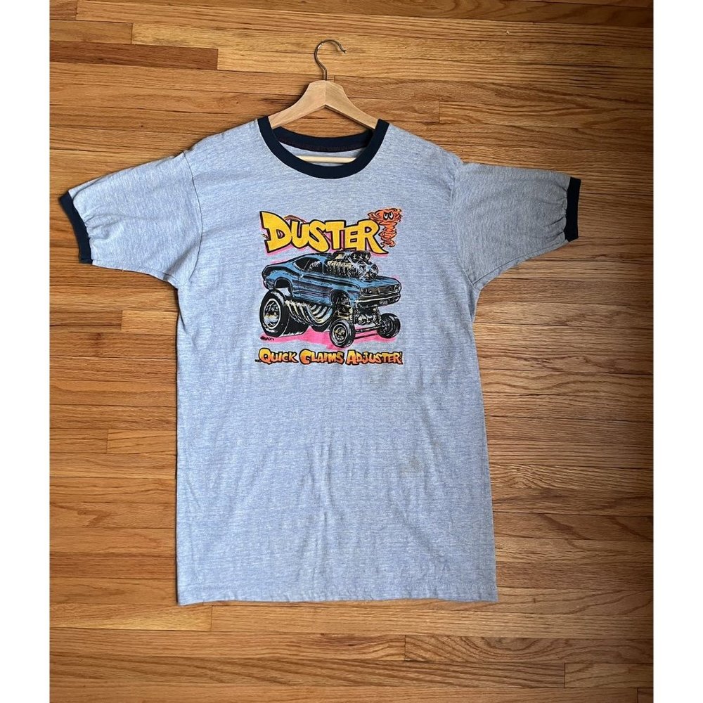 VINTAGE 1970s cartoon car blue single stitch ringer t shirt size M true vintage